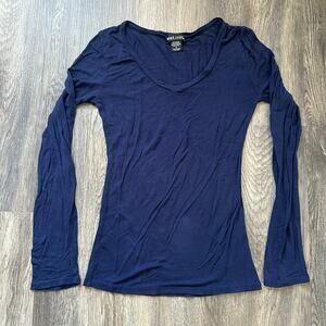Vintage Style Wet Seal Long Sleeve V-Neck Top Navy Blue Distressed Small
